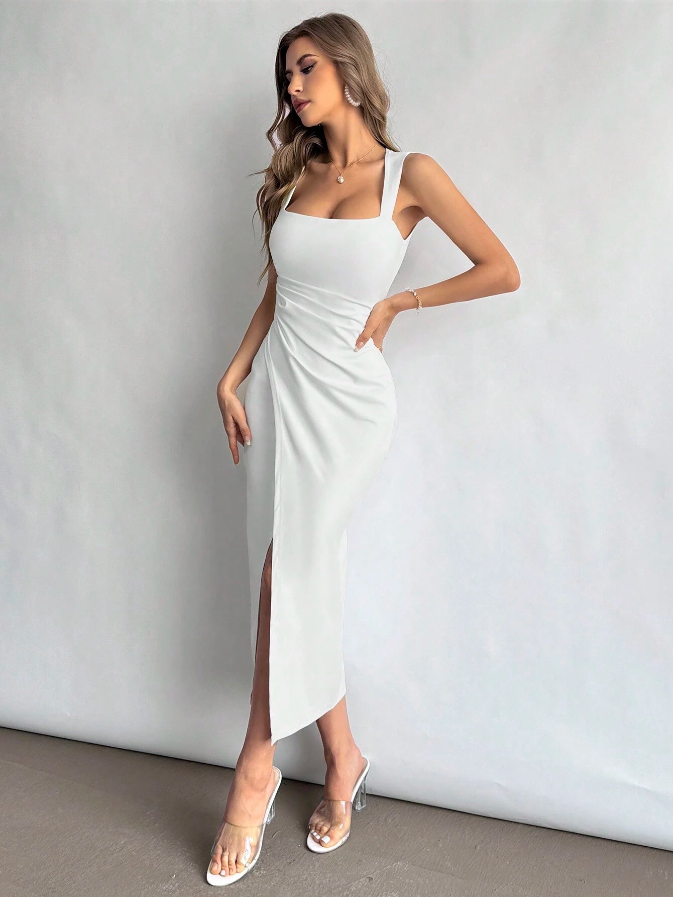 Firerie Women's Square Neck Ruched Waist Dress with Slit - Elegant Attire for Vacations, Daily Wear, and Wedding Season