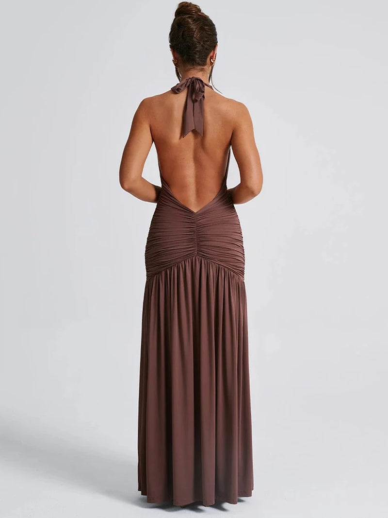 Elegant Halter V-Neck Backless Maxi Dress with Thigh-High Split