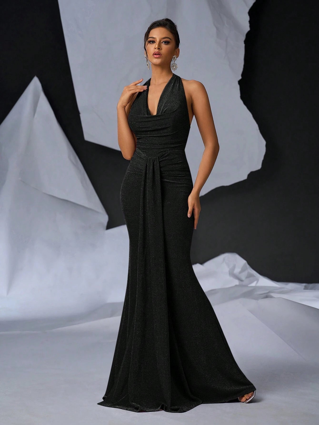 Glamrae Elegant Glittery Knitted Draped Neck Pleated Front Mermaid Maxi Dress - Black Formal Evening Gown for Special Occasions