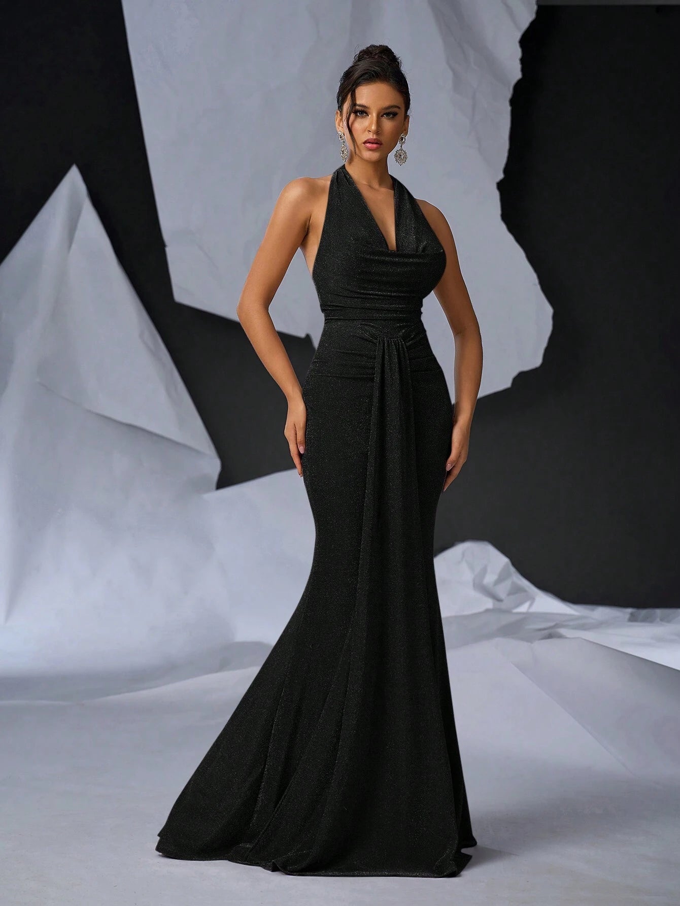 Glamrae Elegant Glittery Knitted Draped Neck Pleated Front Mermaid Maxi Dress - Black Formal Evening Gown for Special Occasions