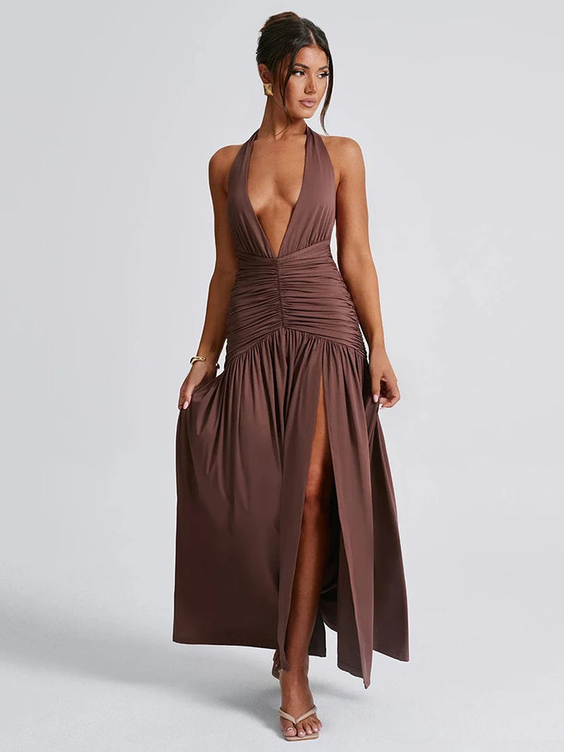 Elegant Halter V-Neck Backless Maxi Dress with Thigh-High Split