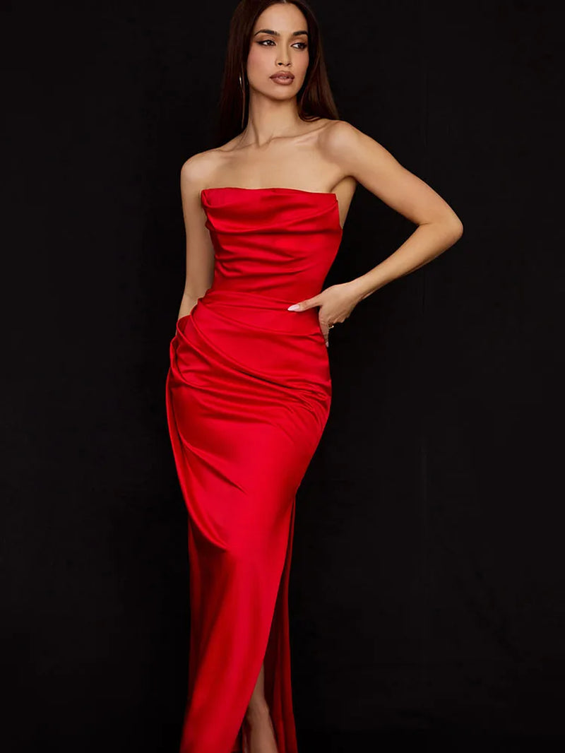 High-Quality Satin Maxi Dress – Strapless Summer Party Dress, Sexy Celebrity Evening & Club Dress