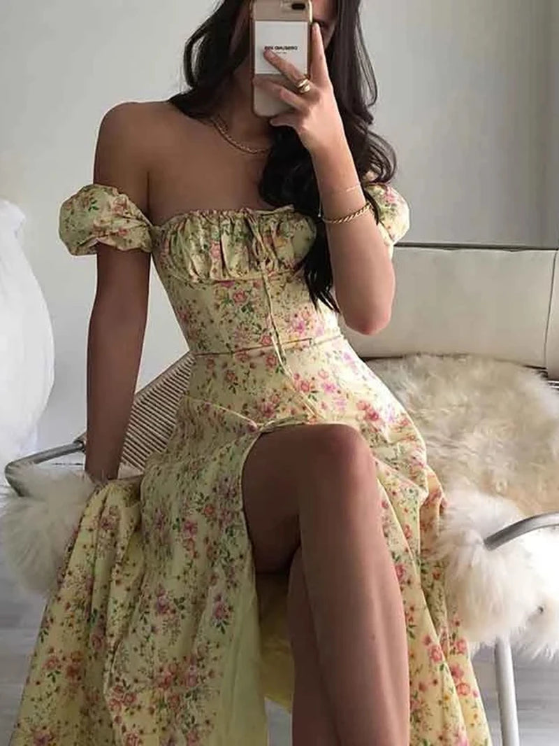 Elegant Floral Print Maxi Dress for Women with Puff Short Sleeves - Perfect for Summer Parties Events